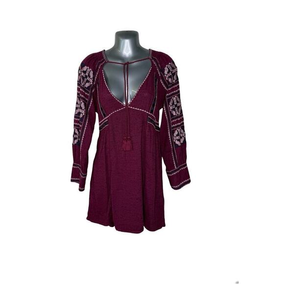 Free People All My Life Wine Embroidered Smocked Mini Dress Women’s XS Boho Chic - Picture 2 of 13